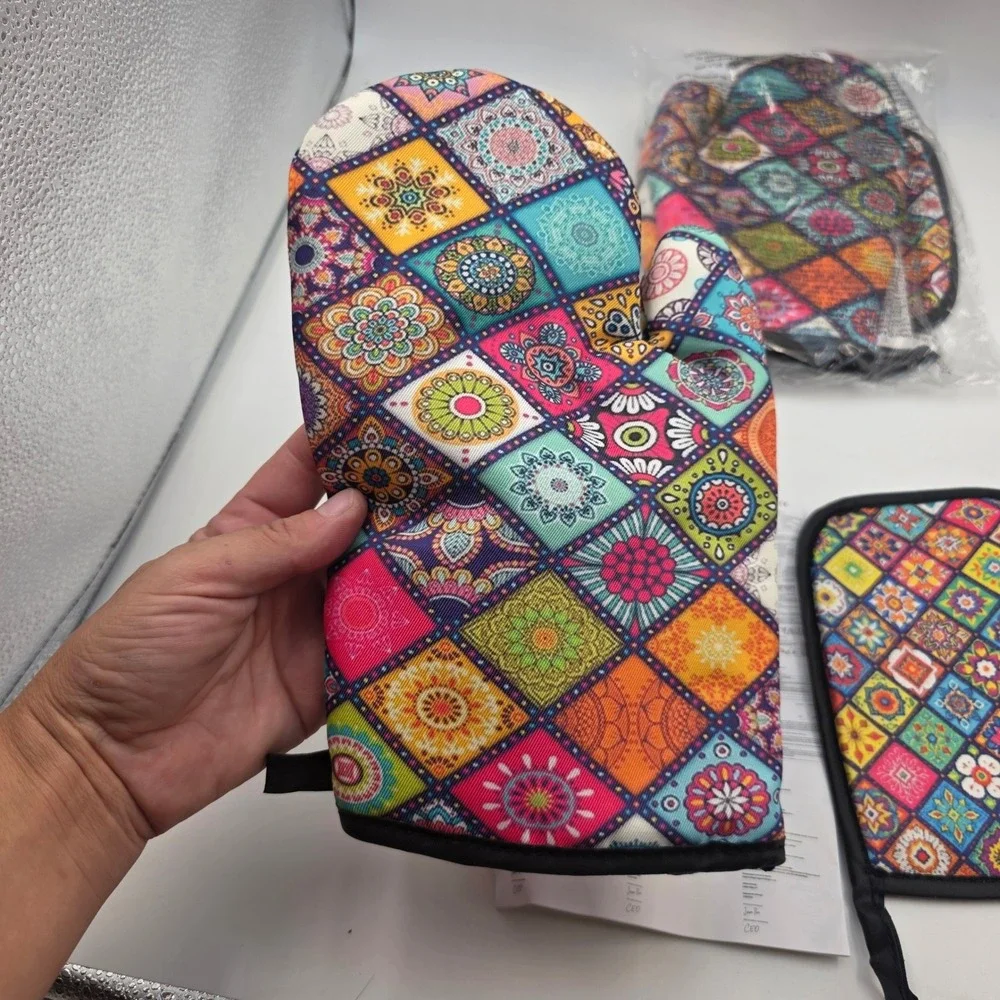 Mandala Patchwork Oven Mitt and Pot Holder Set 3 Piece Colorful Boho Kitchen L4